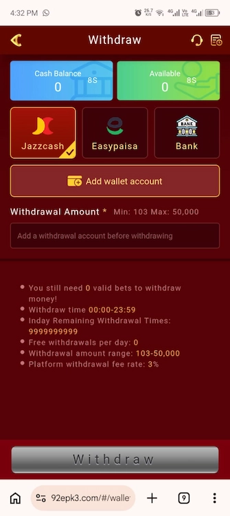 E92 Game Withdraw